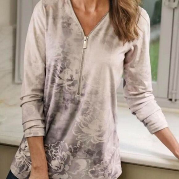 Soft Surroundings Corrina Pullover Tunic Sweater with Zipper Floral Velour Large - Picture 1 of 4
